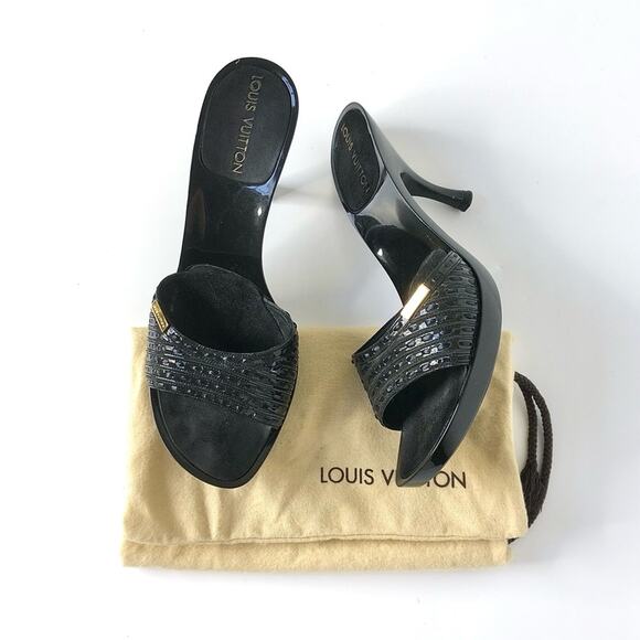 Louis Vuitton Black Patent Leather LV Plate Slides Slip On Mules Sandals 36 - Picture 1 of 11